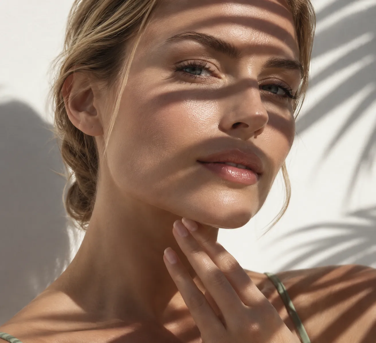 Retrato de piel luminosa con sombras de vegetación, imagen de campaña de Cristina Coma